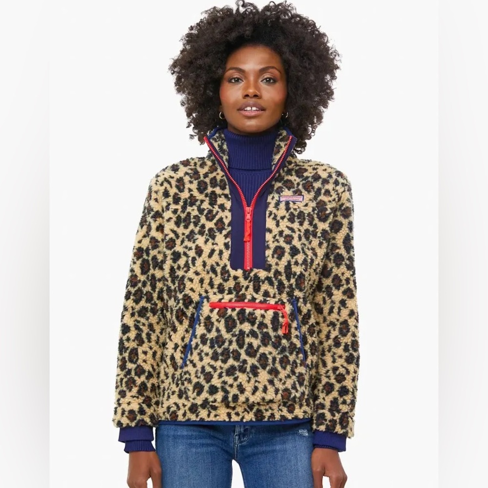 Vineyard Vines Leopard Cheetah Sherpa Quarter Zip Jacket